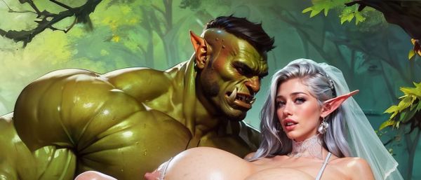 An orc holding an elf dressed in bridal clothing 