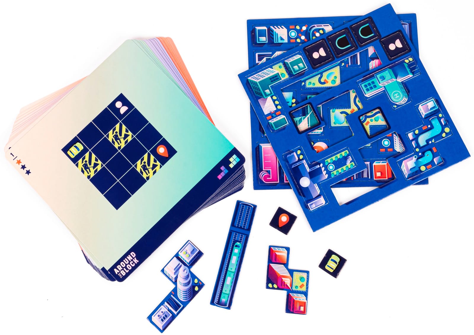 Components in Around the Block: polyomino pieces, tunnels, and twenty double-sided puzzle cards