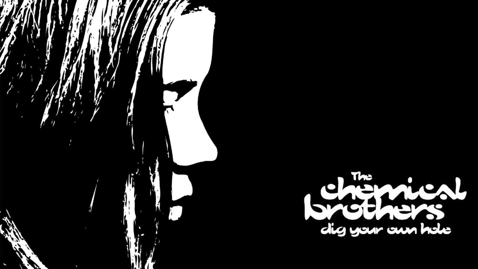 Cover of The Chemical Brothers' Dig Your Own Hole: Black and white silhouette of face in profile against black background 