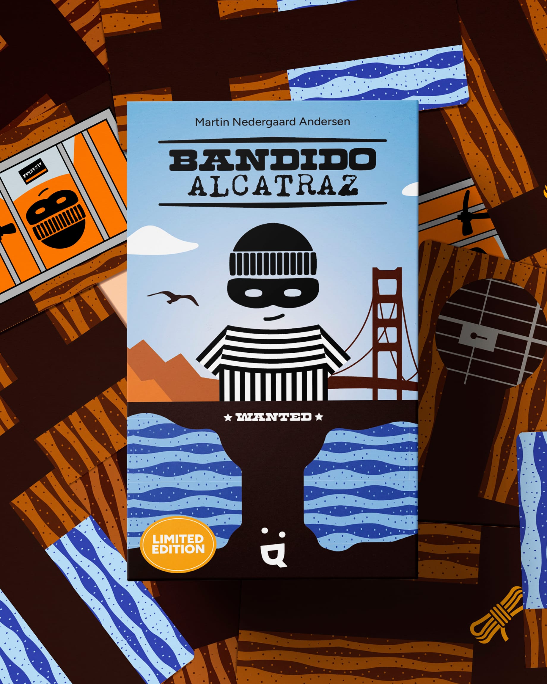 Front cover of Bandido Alcatraz with cards from the game splayed behind the box