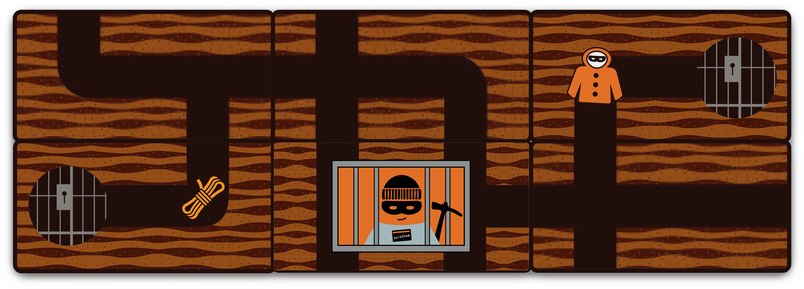 An example of gameplay in Bandido Alcatraz showing six tunnel cards linked together