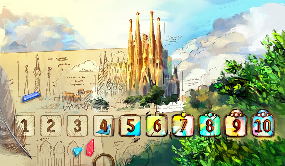 From left to right, the image shows a cathedral sketch, then the constructed cathedral rising above the clouds, along with spaces numbered 1-10