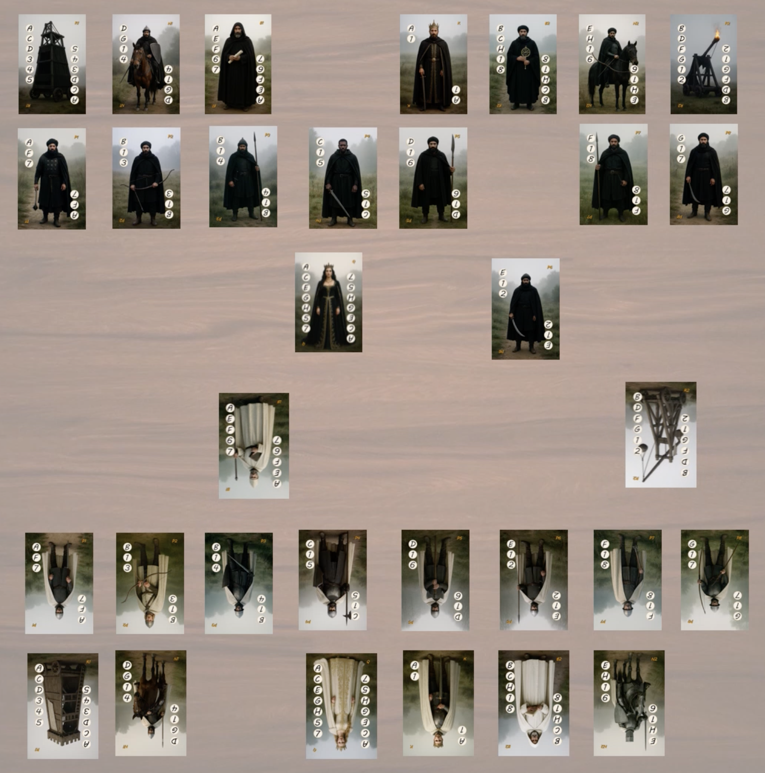 Cards are arranged in three fields — opponent's camp, shared battlefield, your camp — with cards showing combinations of letters and numbers