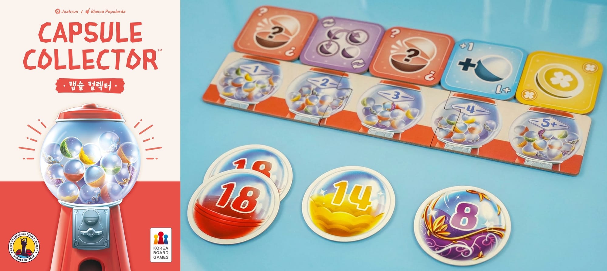 Front cover of Capsule Collector, next to a sampling of numbered capsules and five action tiles