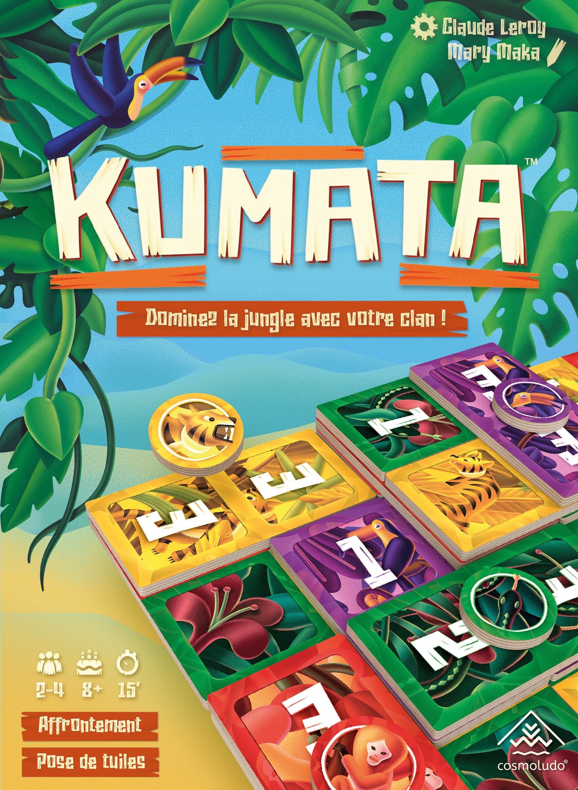 Front cover of the game Kumata, showing a stacked arrangement of colored and numbered domino tiles