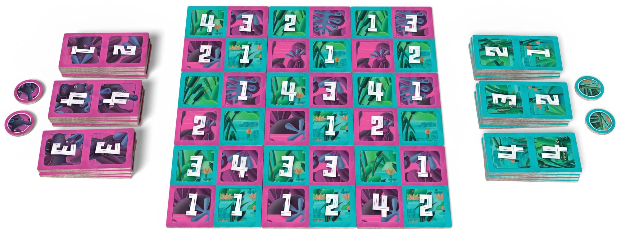A 6x6 grid with spaces in two colors numbered 1-4 and blank; each player color has three stacks of domino tiles