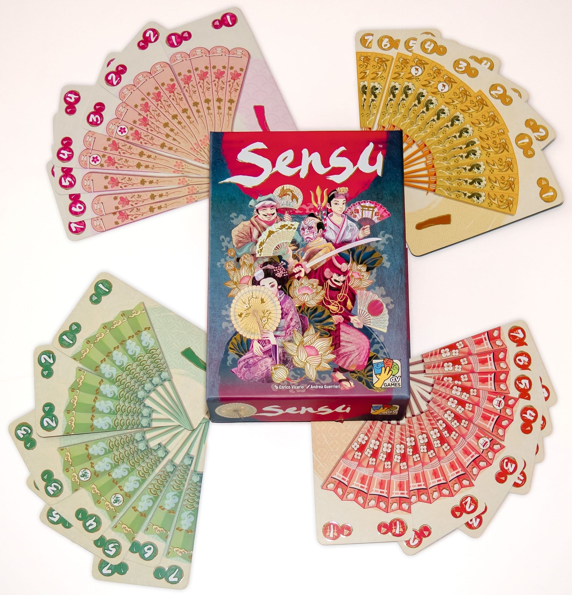 Front cover of Sensu in front of splayed cards that form fans
