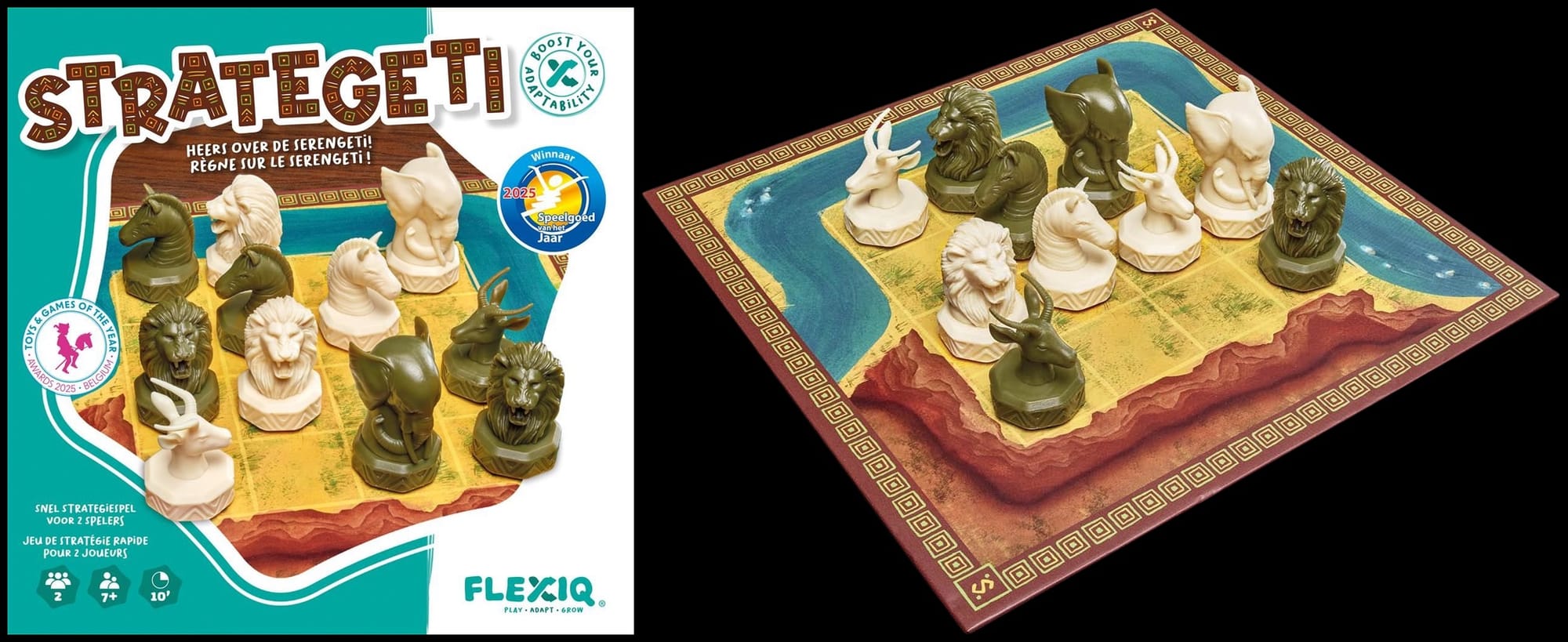 The front cover of Strategeti shows brown and white animal pieces on a 4x4 game board; the gameplay example shows another arrangement of pieces