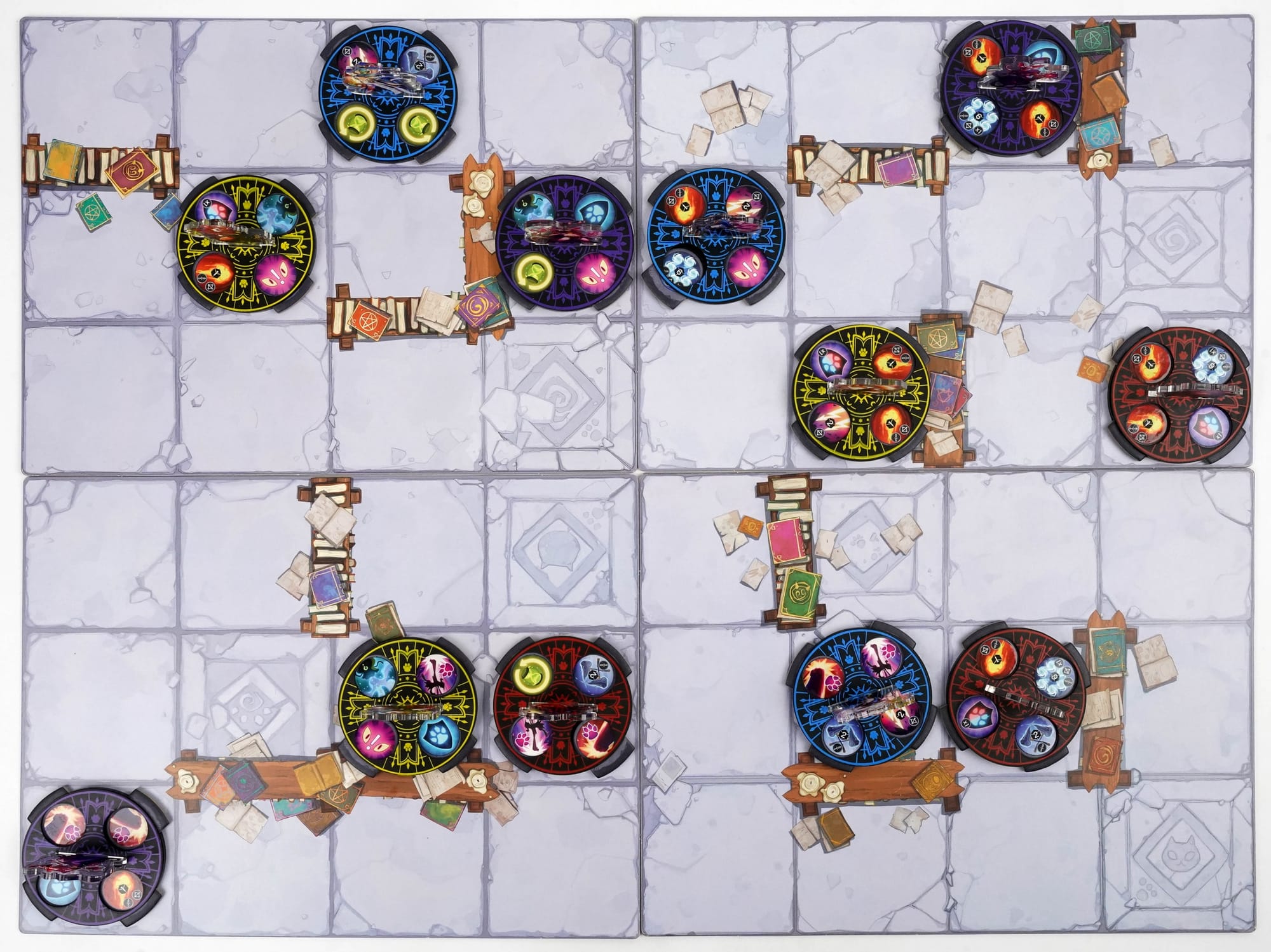 An overhead view of the 6x8 game board showing cat wizards and their spells