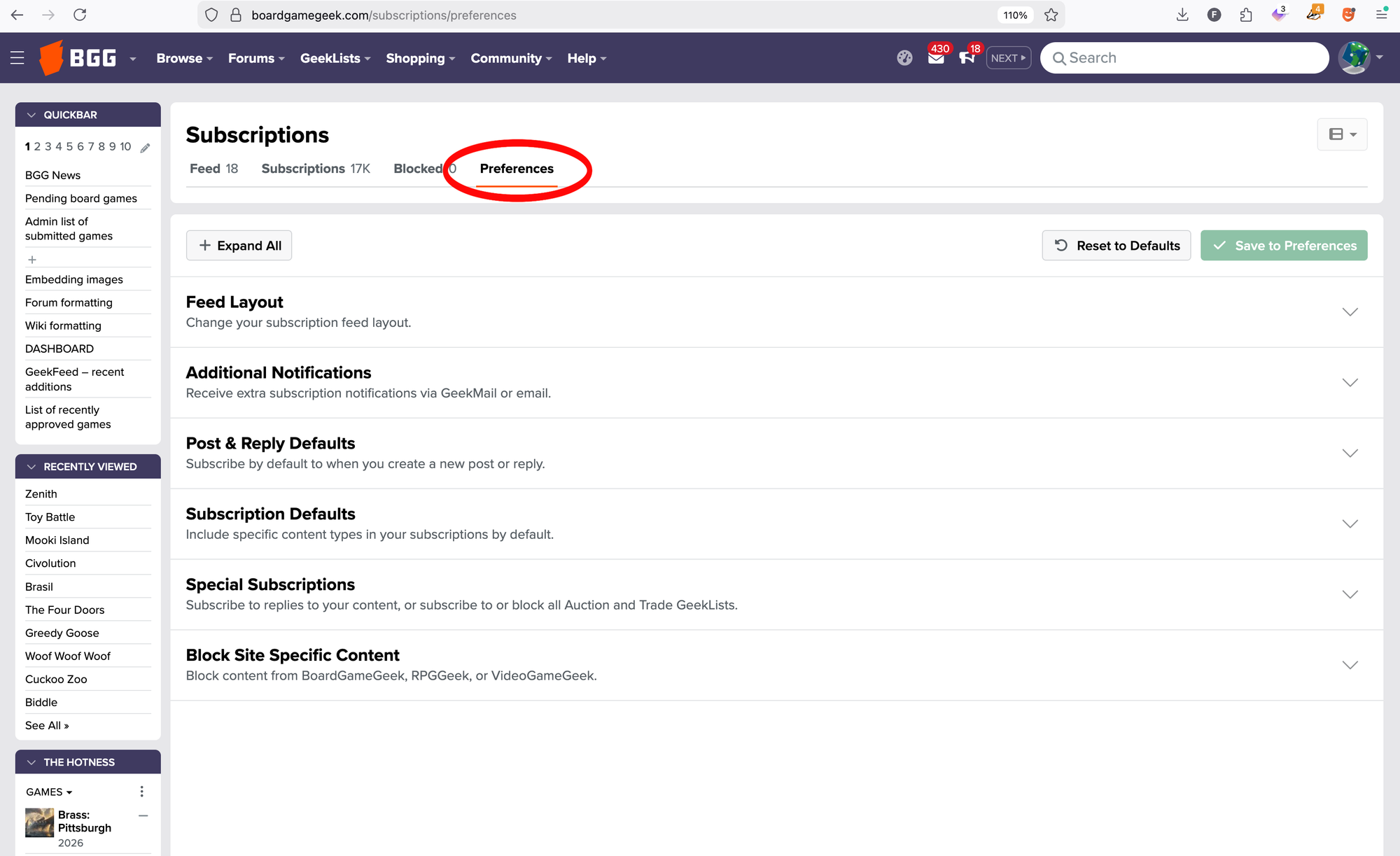 A screenshot of the BGG subscription preferences page, which shows links for feed layout, additional notifications, post & reply defaults, subscription defaults, special subscriptions, and block site specific content.
