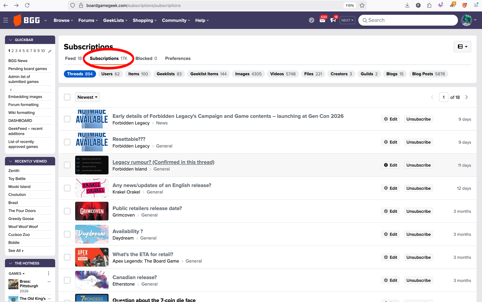A screenshot of the subscriptions page, with a red circle around the section reading "Subscriptions 17K"; underneath this are categories such as threads 894, Users 62, Items, 100, GeekLists 83, and so on.