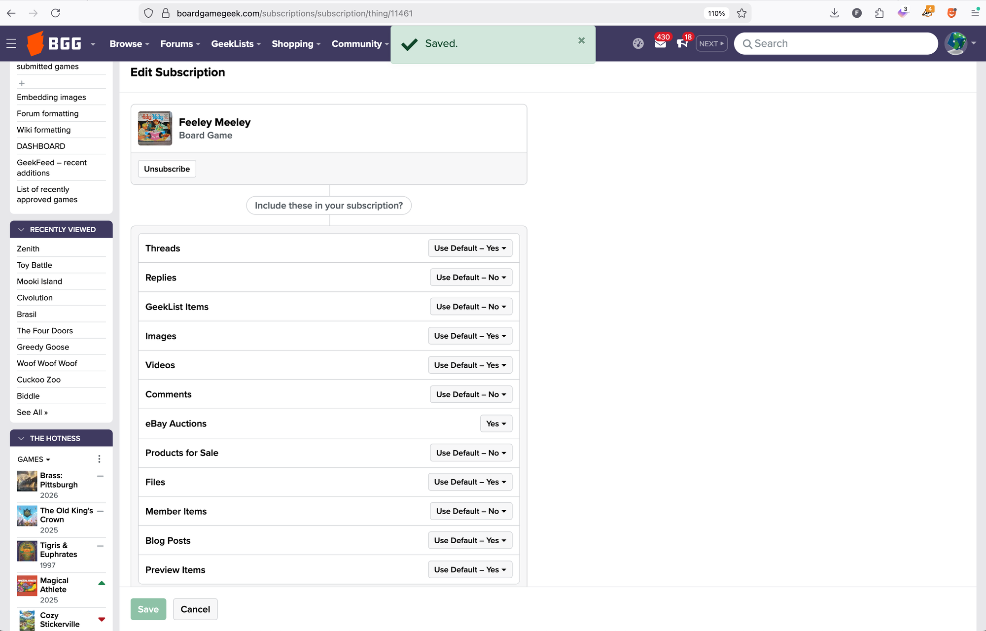 A screenshot of edited subscription notices for the game Feeley Meeley, which shows the default setting for most items (threads = yes, replies = no, etc.), but with eBay auctions switched to "yes".