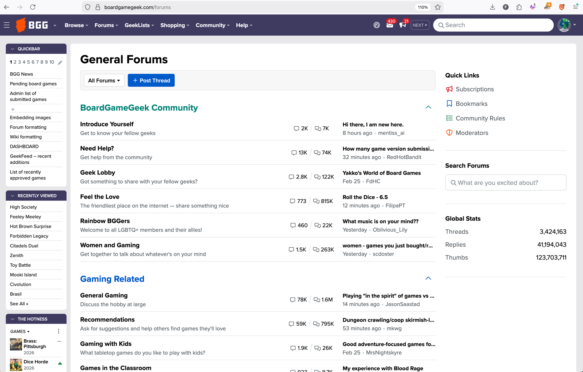 A screenshot of the general forums page on BGG, which shows categories and subcategories, along with who has posted most recently in which thread in each subcategory.