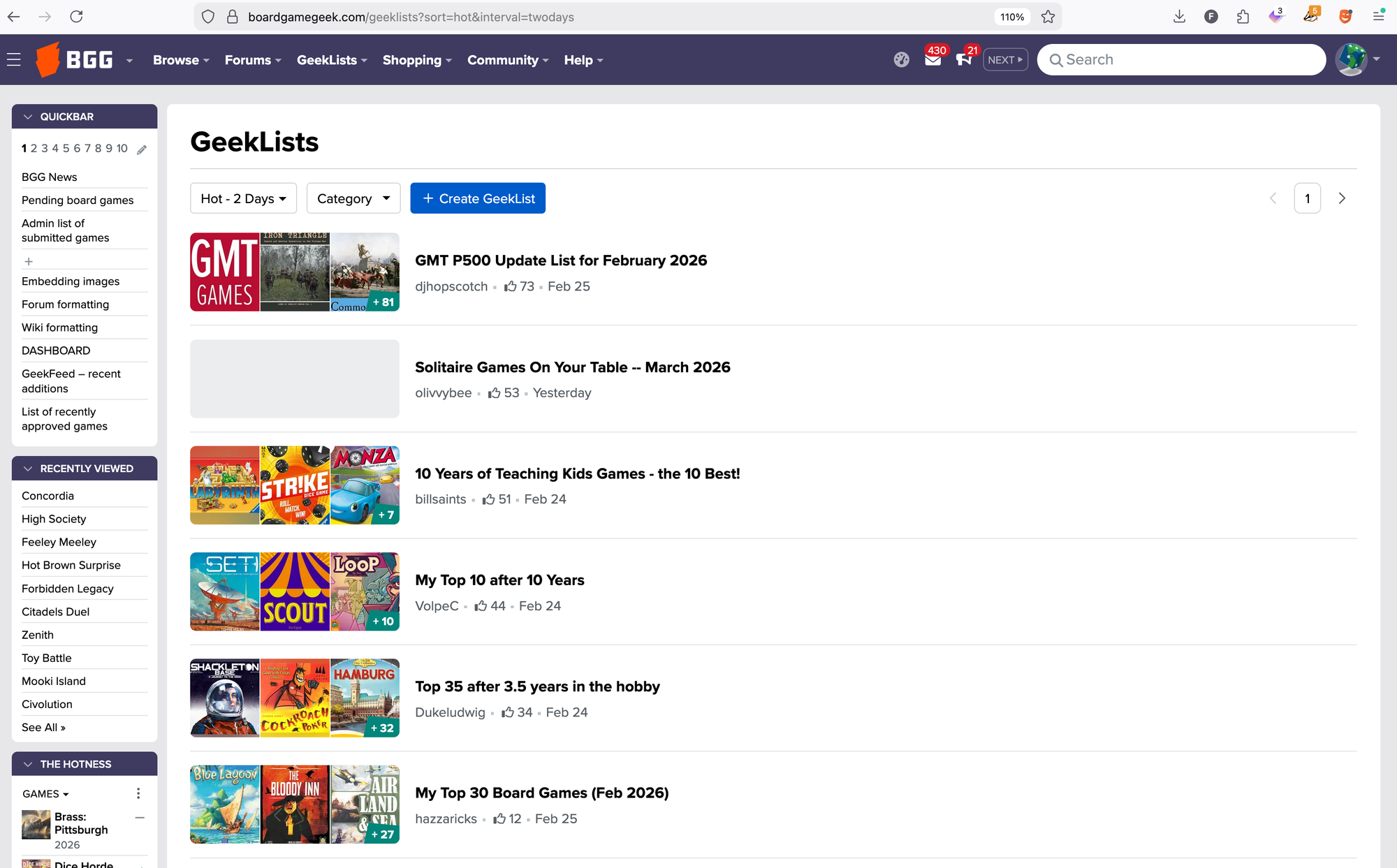 A screenshot of the GeekLists page on BGG, with the GeekLists organized by "hotness" over the past two days.