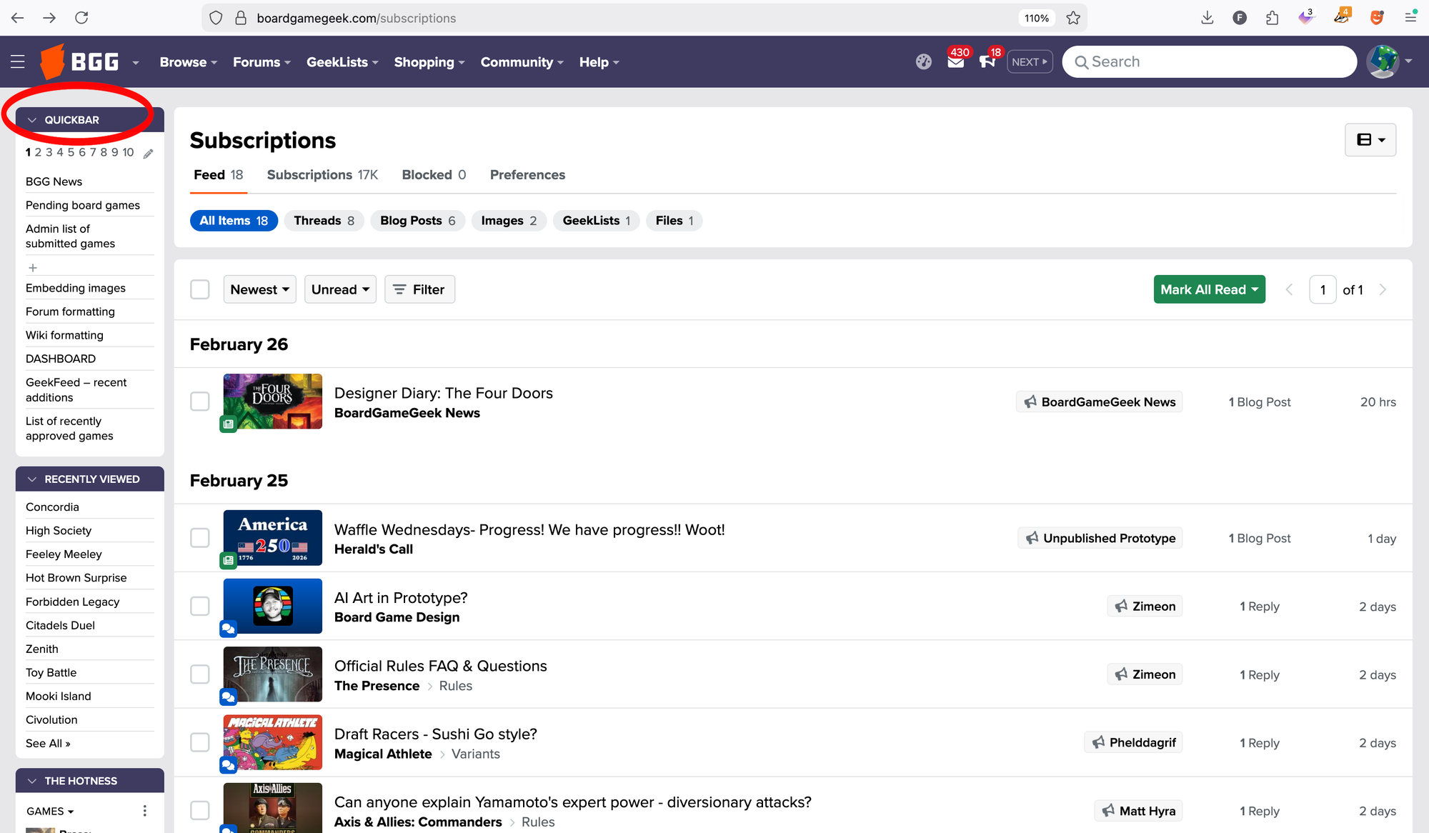 A screenshot of a user's subscriptions page, with the word "Quickbar" circled in red in the upper left column. Under "Quickbar" are the numbers 1-10, with 1 being highlighted. Ten fields are below the row of numbers.