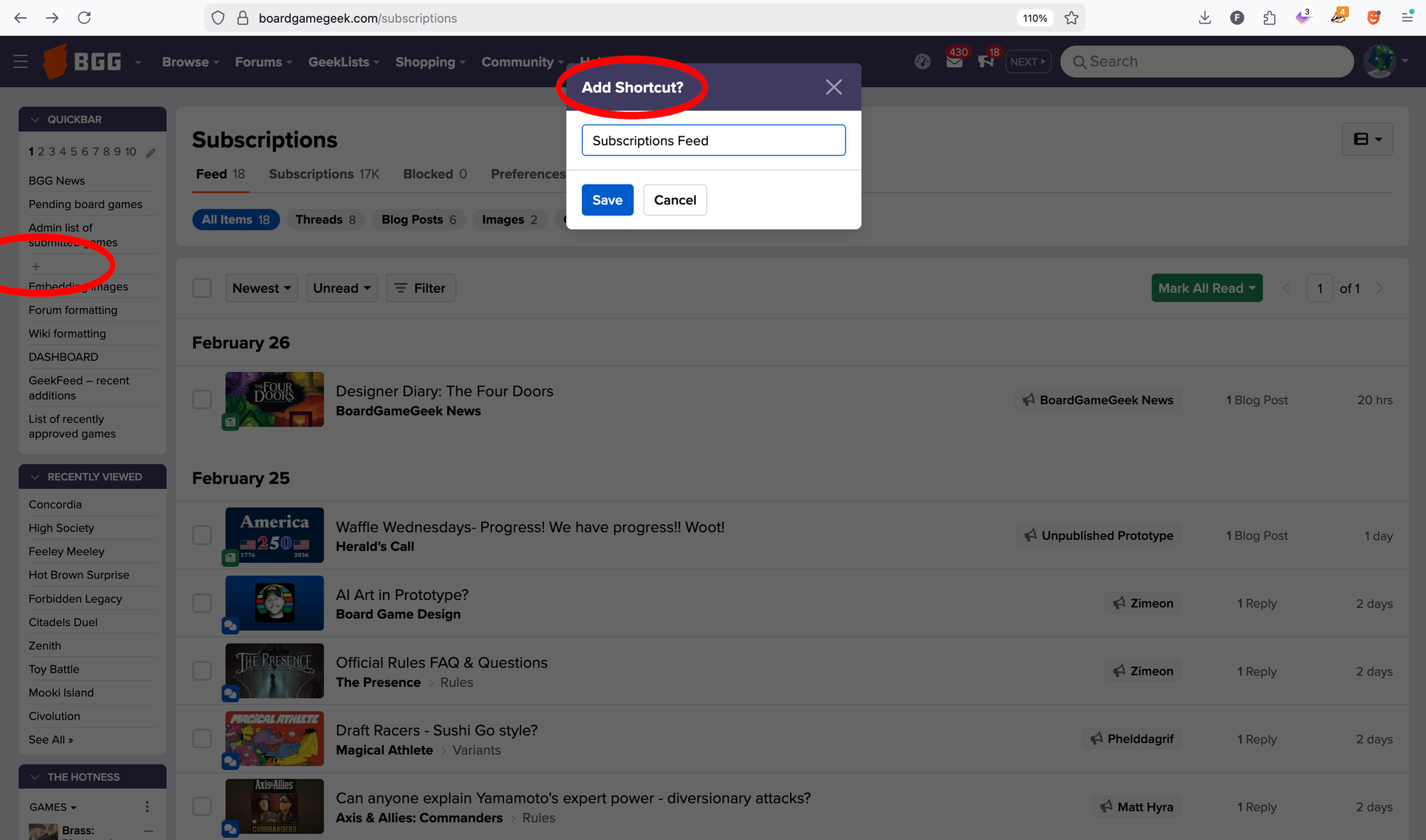 A screenshot showing a red circle around a + next to an empty field in the quickbar column. A pop-up box is prompting the user to add a link to the current BGG page to the Quickbar in that field.