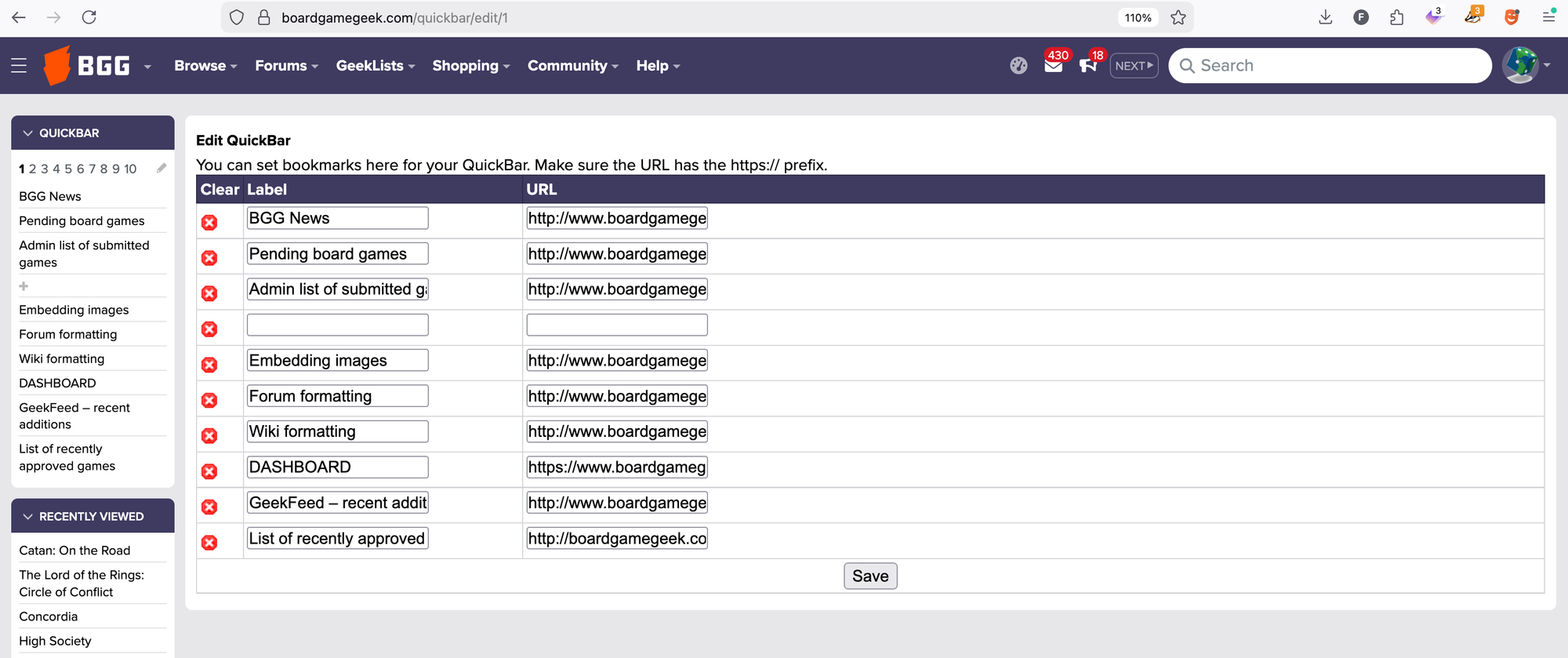 A screenshot showing the ten links in the Quickbar for the first page, with the links and their labels being editable fields.