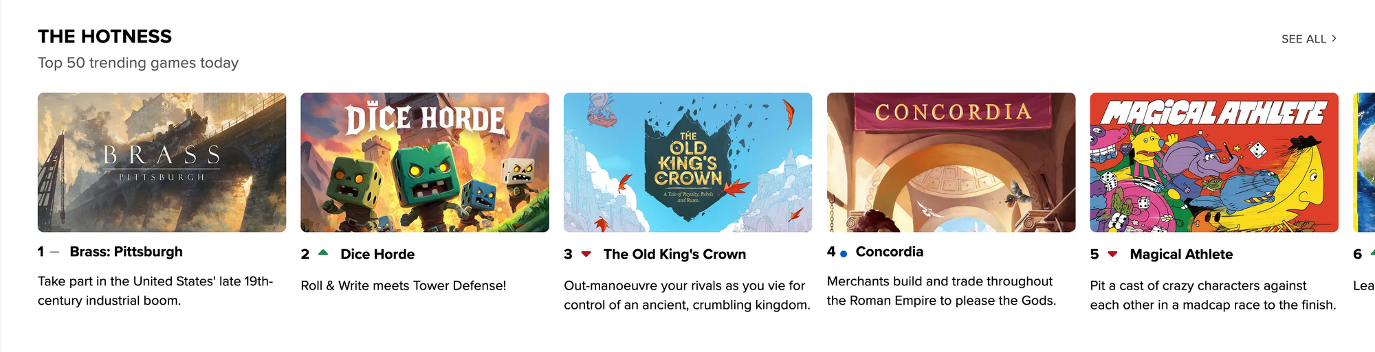 A screenshot showing part of The Hotness on the BGG front page.