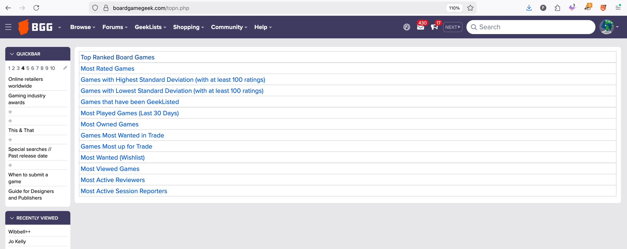 A screenshot showing the "top 10" links available on BGG, such as "most rated games" and "games most wanted in trade"