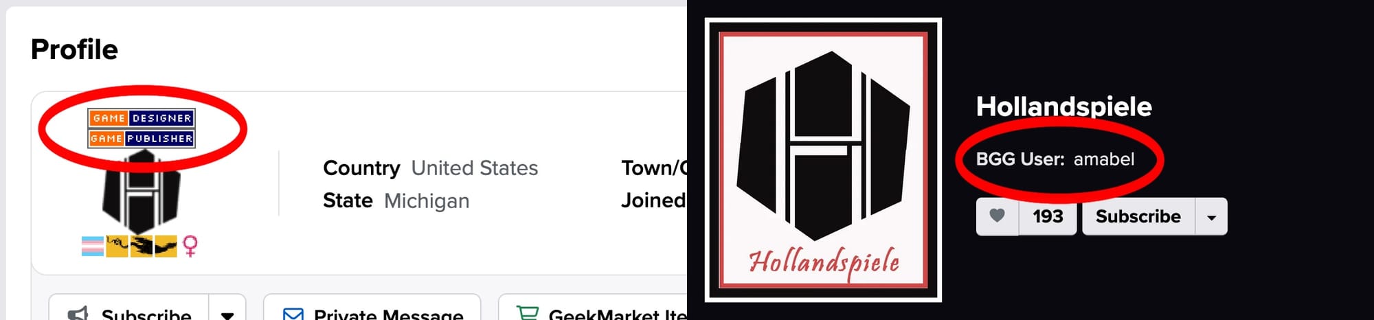 Two screenshots showing a user account with "Game designer" and "game publisher" badges, as well as a publisher page with the linked user account.