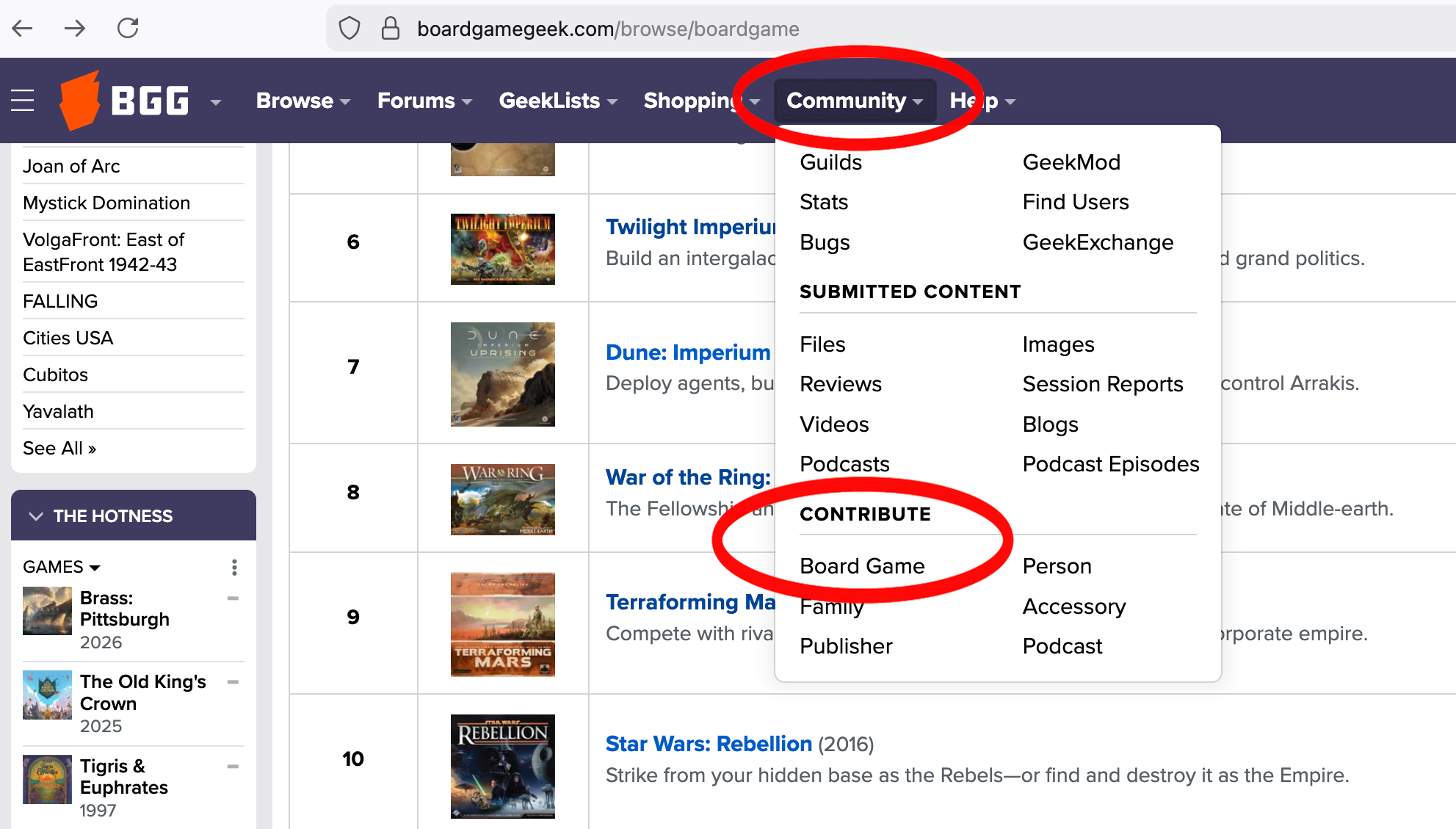 A screenshot of the BGG website showing what's listed under the Community tab, which includes the "Contribute" section for submission of board games, persons, families, accessories, publishers, and podcasts.