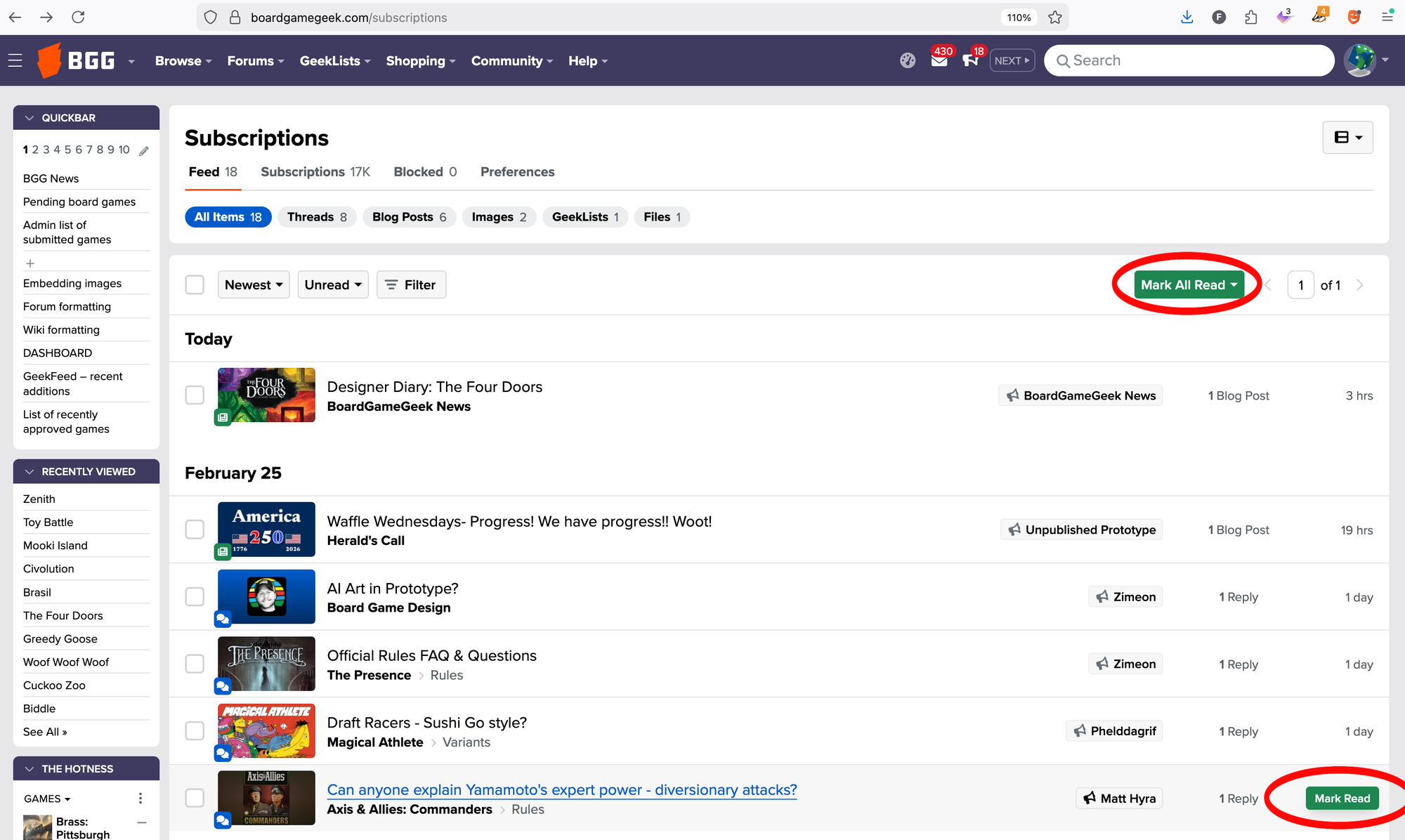 A screenshot of the BGG subscriptions page, with the button "Mark All Read" being circled, as well as a smaller "Mark Read" button by an individual item.