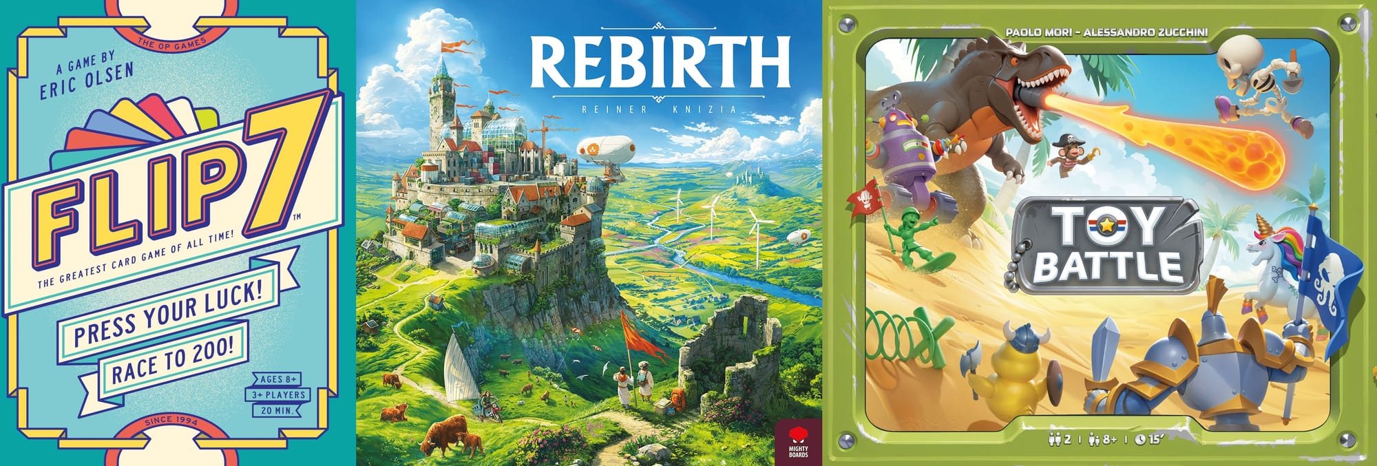 Front covers of the games Flip 7, Rebirth, and Toy Battle