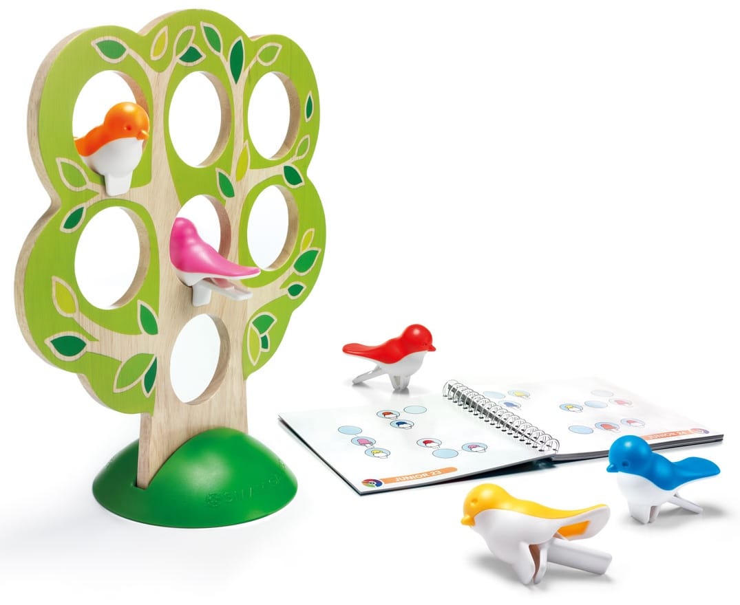 A wooden tree has seven holes placed in three lines, and five birds must be arranged in these holes based on partial information in a puzzle challenge book