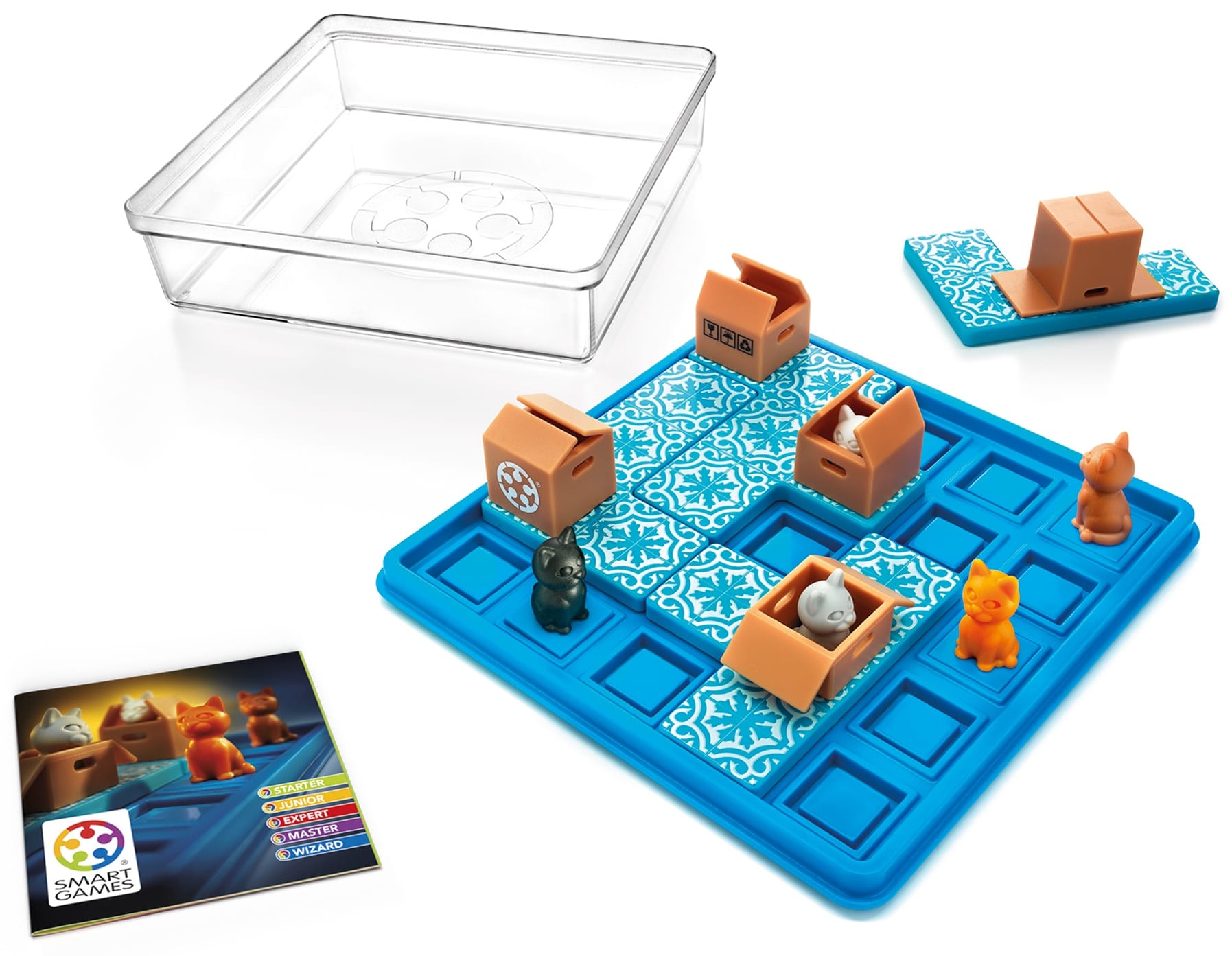A 5x5 grid is partially covered with plastic cats and polyomino pieces that feature empty boxes