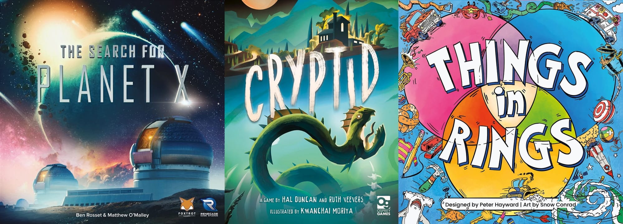 Front covers of the games The Search for Planet X, Cryptid, and Things in Rings