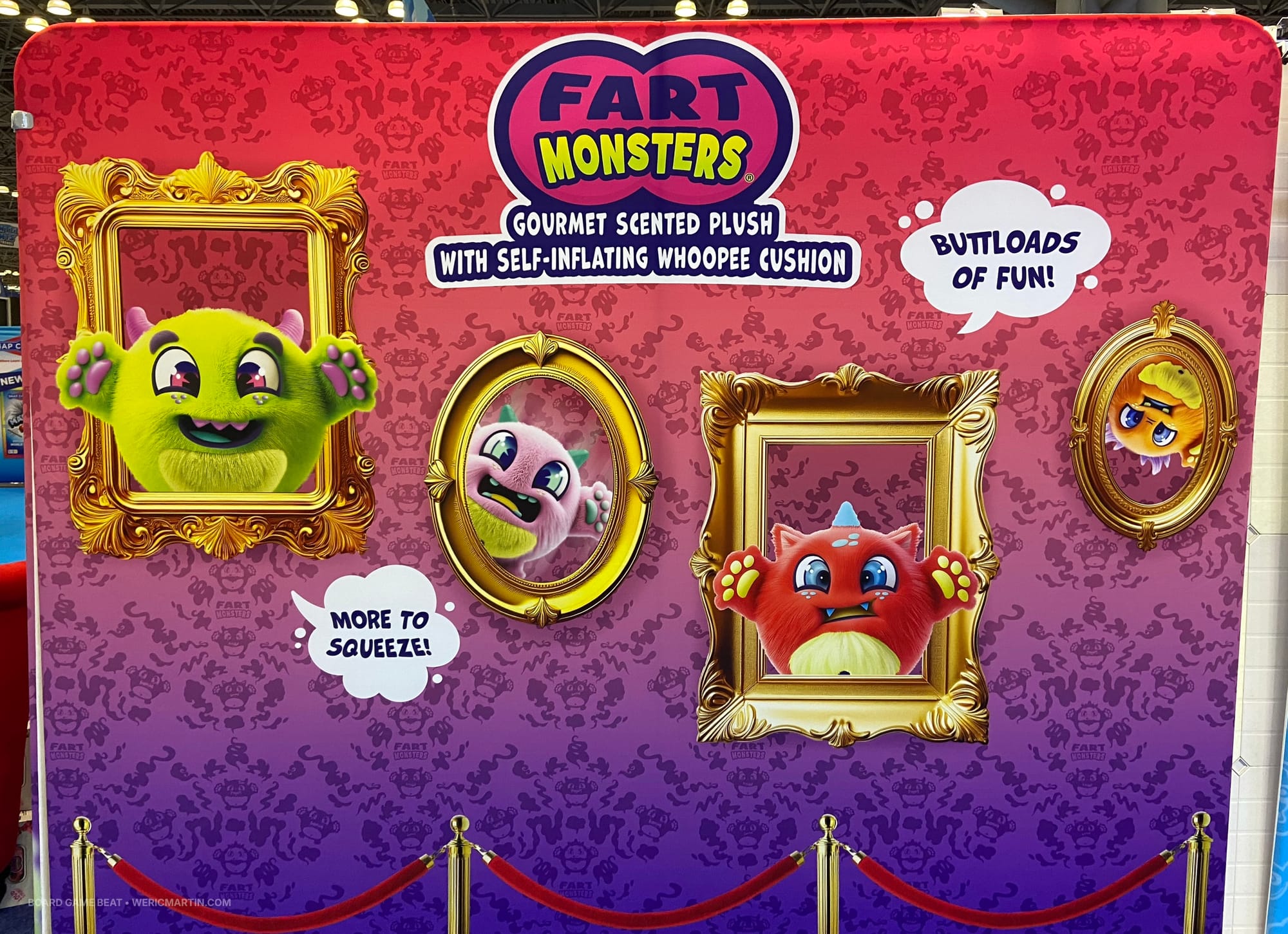A large banner reads "FART MONSTERS" followed by "gourmet scented plush with self-inflating whoopee cushion". Four such monsters are depicted.