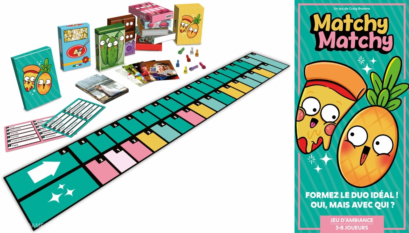 Front cover of the game Matchy Matchy, along with components consisting of a game board and decks of cards