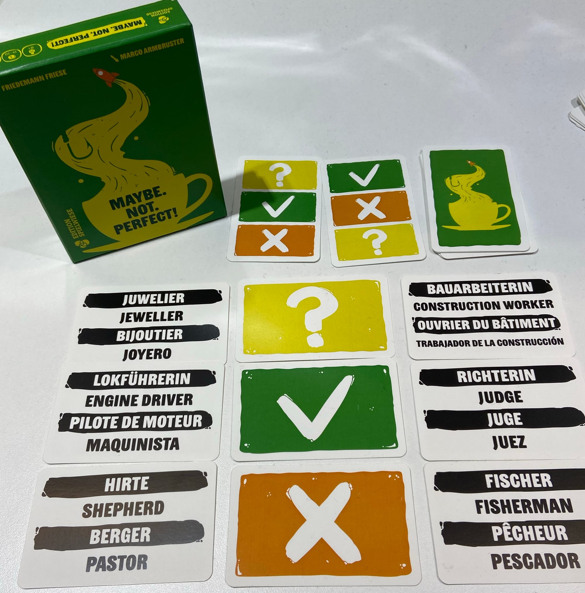 Game box for Maybe. Not. Perfect! and sample cards showing professions that players will rank