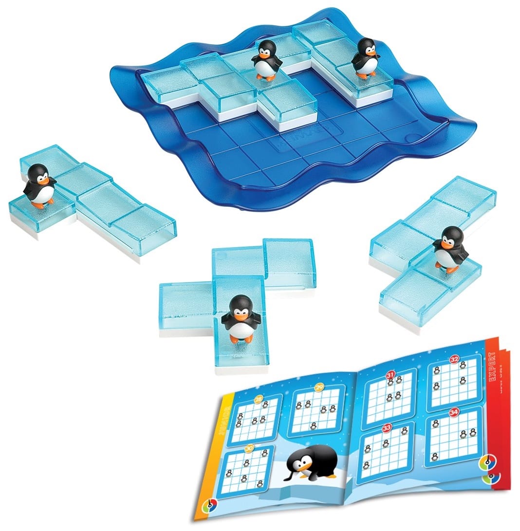 Plastic penguins sit on plastic pieces to be placed in a 5x5 grid, with a puzzle book showing various patterns of filled grids