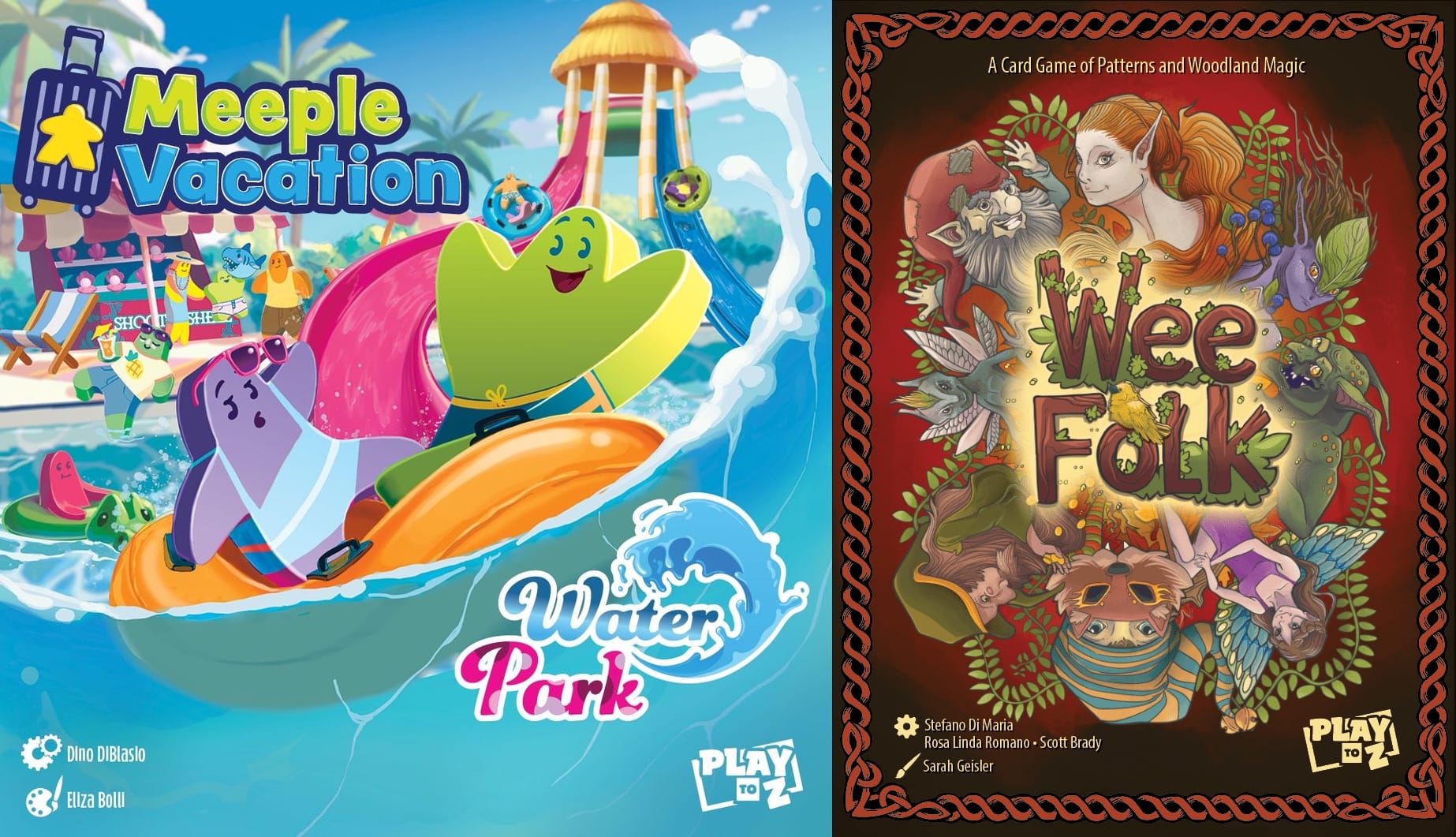 The front covers of Meeple Vacation: Water Park and Wee Folk