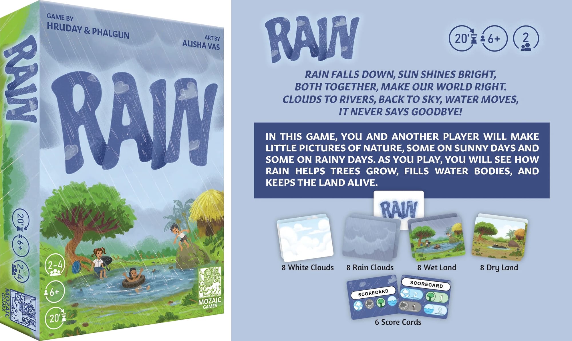 On the left: The box for the card game RAIN; on the right: pictures of the 32 cards in the game, eight each of white clouds, rain clouds, wet land, and dry land, as well as 6 score cards