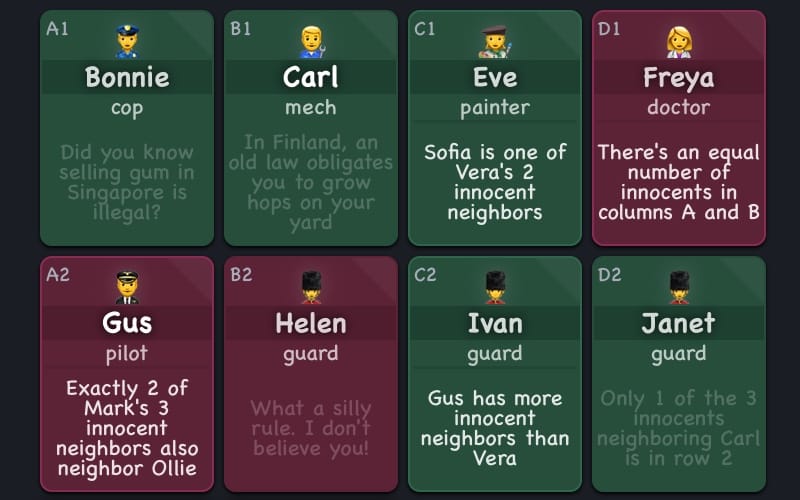 Pictured: Eight of the twenty cards in a Clues by Sam puzzle, showing examples of clues and jokes, with some being greyed out