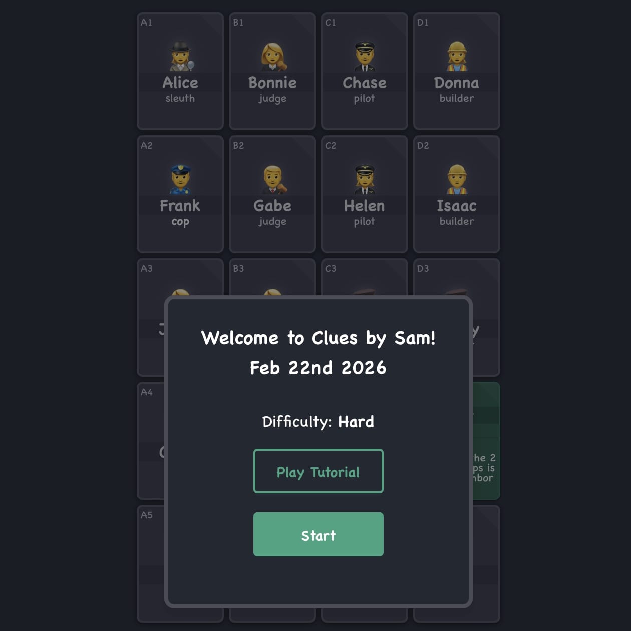 Text: Welcome to Clues by Sam! Feb 22nd 2026 — Difficulty: Hard