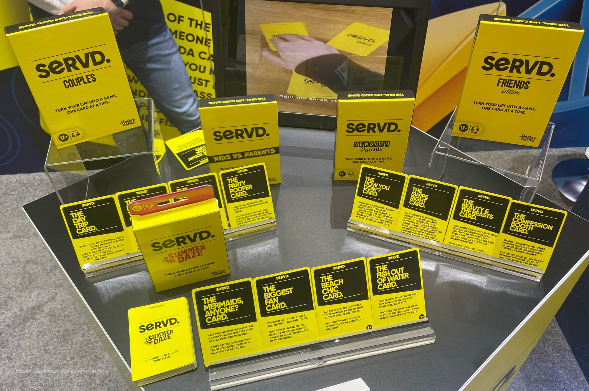 Different versions of the card "game" SERVD: Couples, Friends, Summer Daze, Newborn Parents, and Kids vs Parents