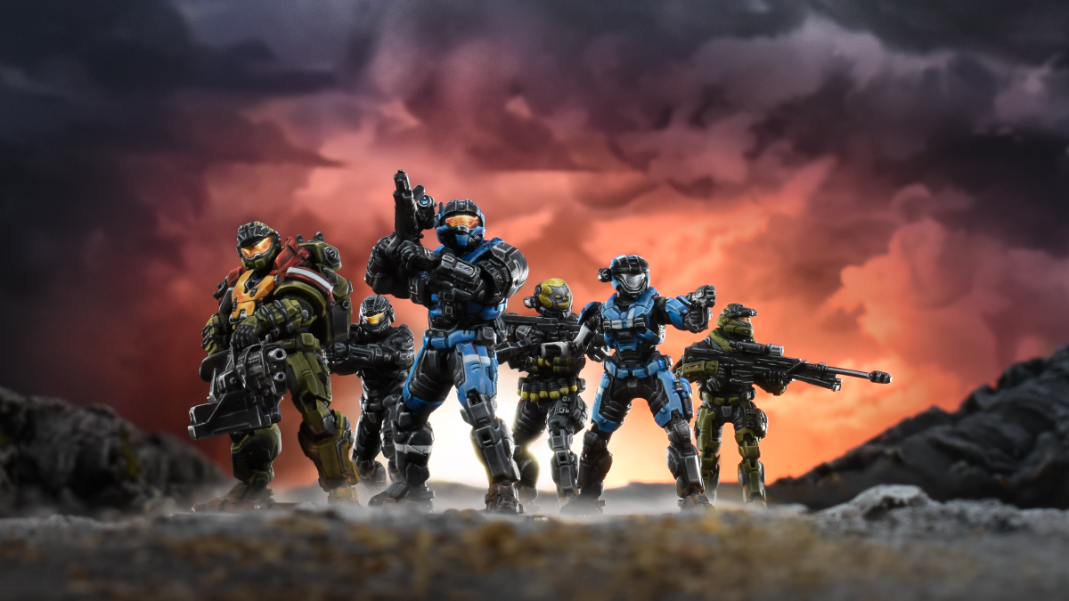 A promotional image showing figures from Halo: Flashpoint – NOBLE Team against a moody apocalyptic background