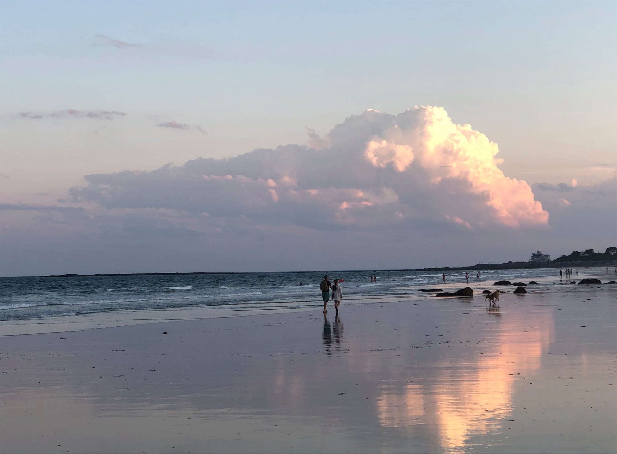 Depicted: Two people walk on a beach, with dogs and other people in the distance, as well as enormous clouds over the horizon that are reflected on the wet sand