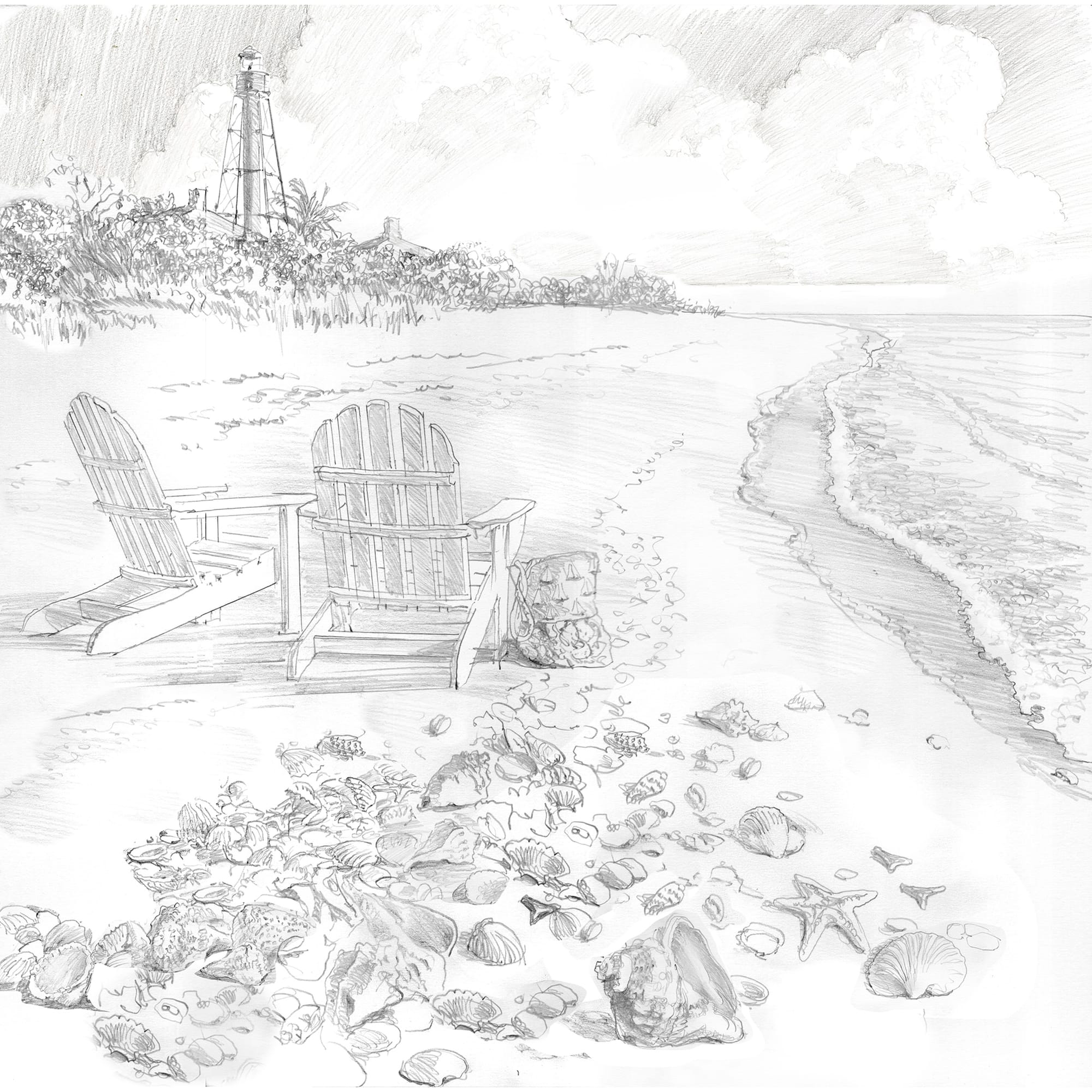 Depicted: a pencil drawing of dozens of shells in the foreground on the bench, with two chairs in the near distance and a lighthouse and giant cumulus clouds in the background