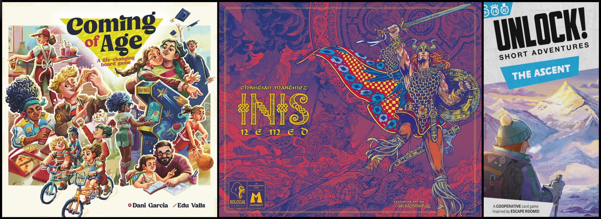 Front covers of the games Coming of Age, Inis: Nemed, and UNLOCK! The Ascent
