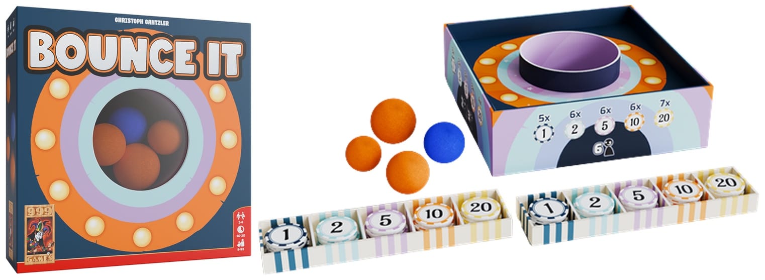 Front cover of Bounce It and components: stacks of scoring chips, four balls to bounce, and a cup in the box