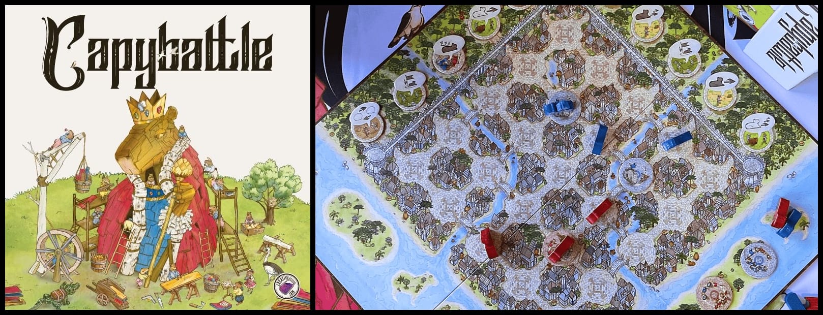 The front cover of Capybattle, and the 5x5 grid on the game board, which is surrounded by five action tiles on one row and another five action tiles on one column