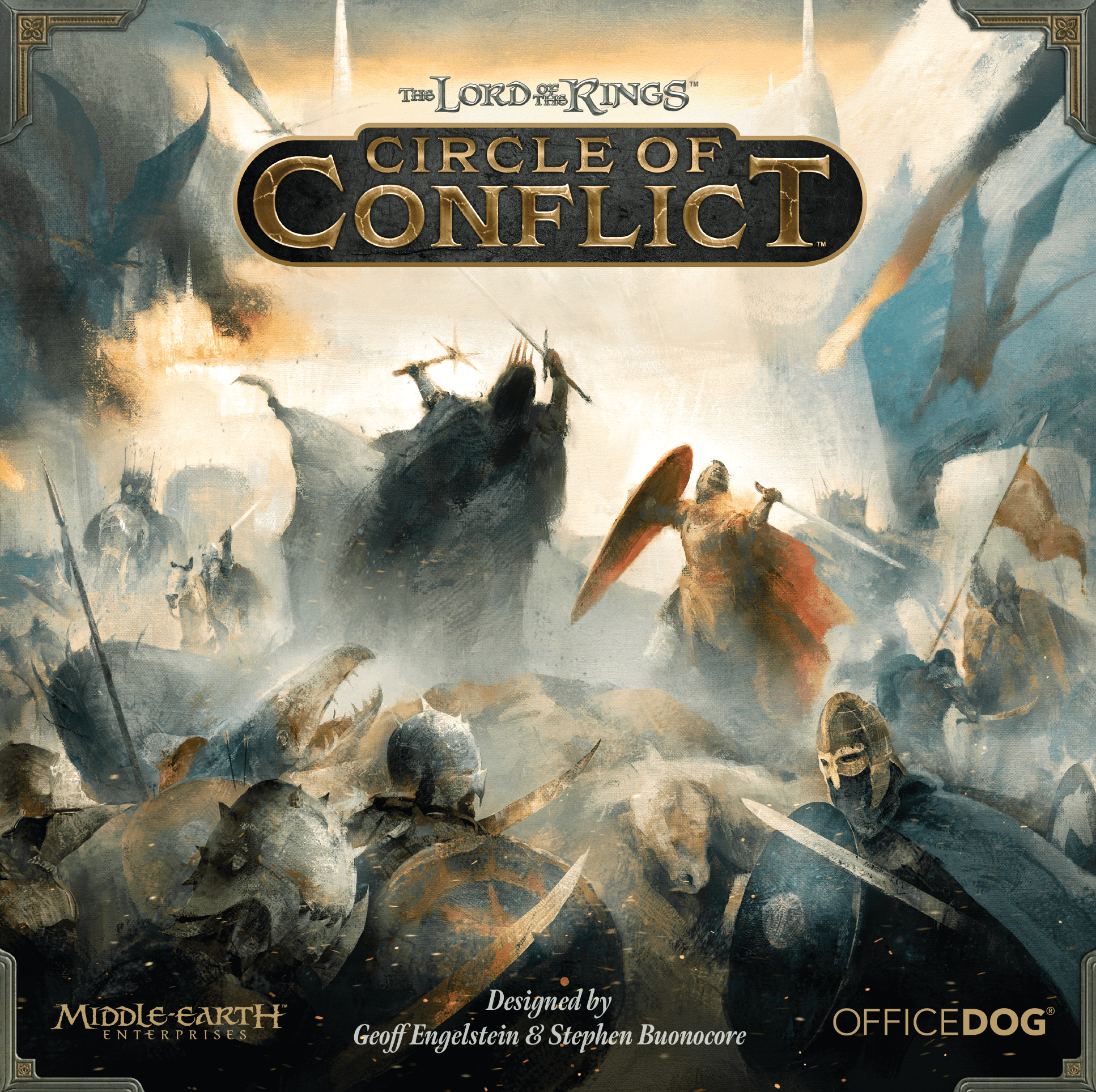 The front cover of The Lord of the Rings: Circle of Conflict, featuring impressionist fantasy forces swinging weapons at one another