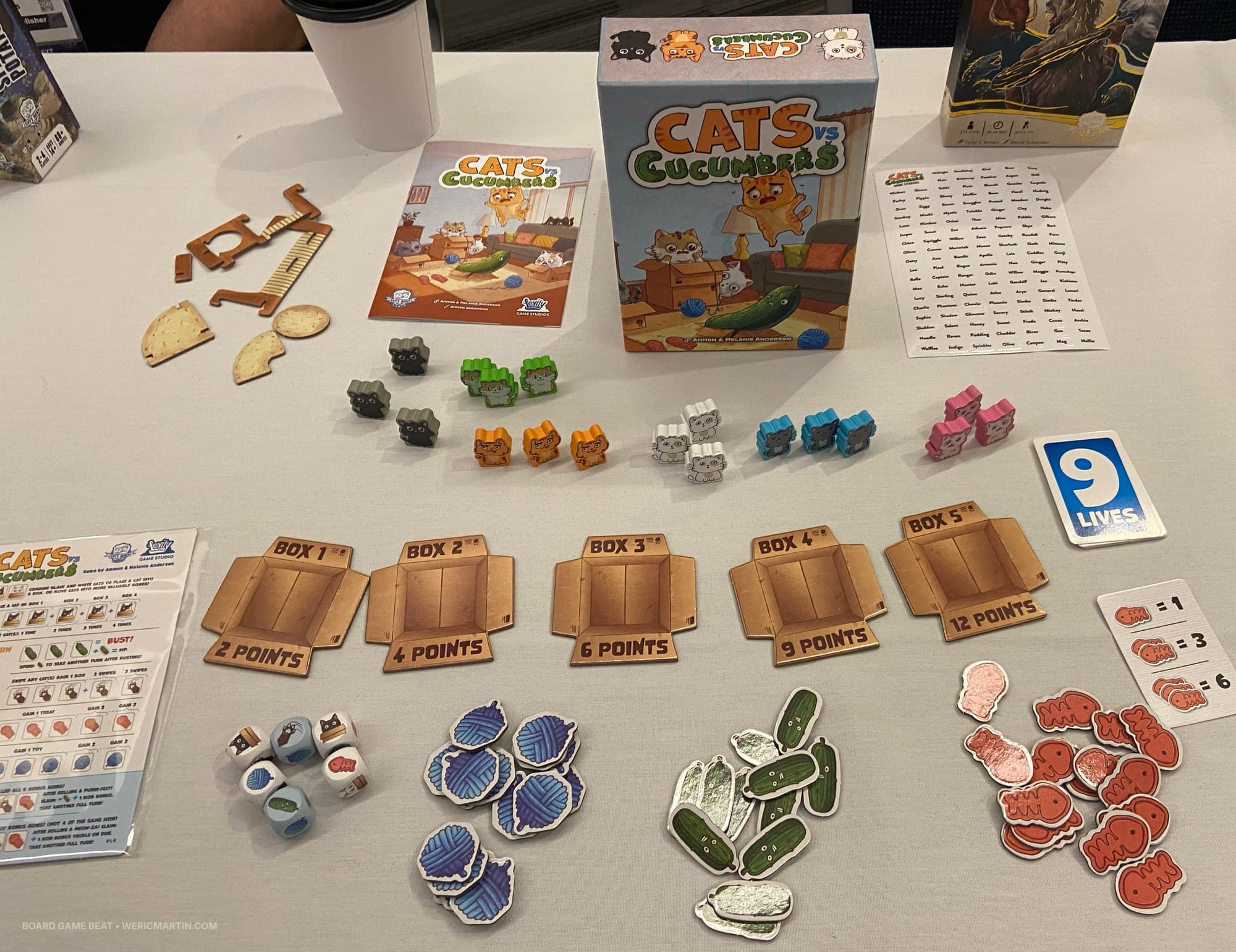 Components and the box for Cats vs Cucumbers, with the game including six dice, five box tiles, six sets of cat tokens, and various resources