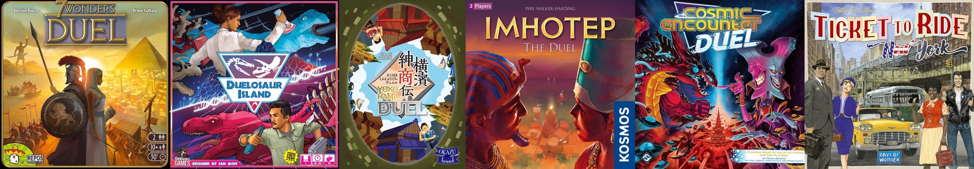 Covers of six of the games mentioned in the coming paragraphs, mostly two-player versions of existing games