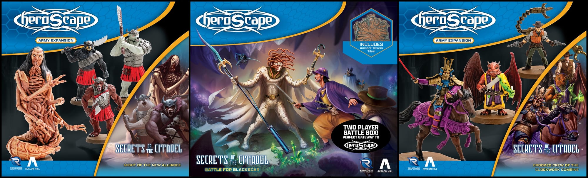 Front covers of three Heroscape titles coming from Renegade Game Studios in July 2026