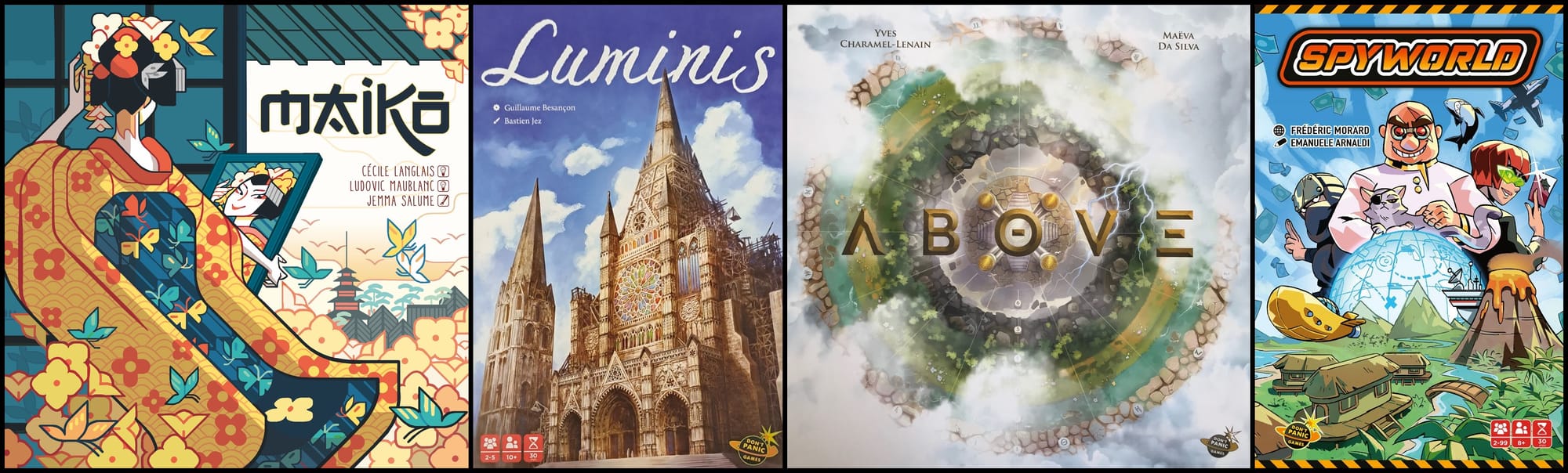 Front covers of Maiko, Luminis, Above, and Spyworld